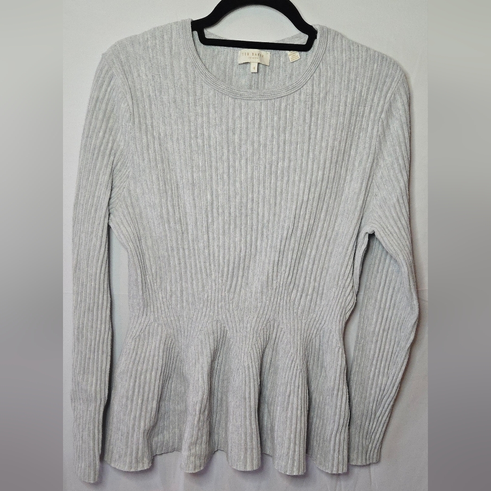 Ted Baker London Women's 4/Large Gray Peplum Ribbed Knit Sweater - Picture 2 of 6